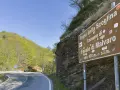 Cartello stradale indica "Passo della Scoglina, Favale di Malvaro, altit. 920 m. s.l.m." su una strada di montagna con vegetazione lussureggiante.