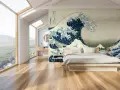 Camera da letto idee originali con un murale ispirato alla Grande Onda di Kanagawa. Un letto moderno e finestre panoramiche completano l'ambiente.