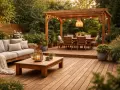 Terrasse en bois massif qualité, salon d'extérieur confortable sous pergola, table à manger et éclairage d'ambiance.