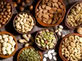 Varios cuencos de barro llenos de frutos secos variados: almendras, nueces, pistachos, anacardos, cacahuetes, avellanas y semillas de calabaza.