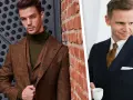Dwóch mężczyzn w eleganckich stylizacjach. Jeden w brązowej marynarce w kratę i zielonym golfie, drugi w granatowym garniturze z brązowym krawatem. Różnorodne kolory garniturów.
