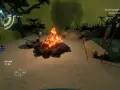 Una fogata en Outer Wilds, con un HUD que muestra la duración de la aventura. El jugador se prepara para explorar.