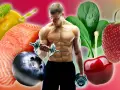 Un homme musclé soulève des haltères, entouré d'aliments sains : saumon, myrtilles, fraises, cerises, épinards, smoothie. Une image qui symbolise l'alimentation anti inflammatoire et le bien-être.
