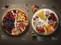 Två runda fat med olika platillos de comida. Ett fat har bär och fruktpajer, det andra har ost, frukt, pommes frites och charkuterier.