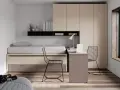 Camera vintage su pouf grigio, letto con contenitore e scrivania. Un perfetto **colore taupe abbinamento** per un ambiente moderno e funzionale.