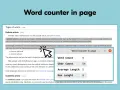 Ventana de "Word counter in page" mostrando 9 palabras por página, 54 caracteres, longitud promedio 5 y longitud máxima 9.
