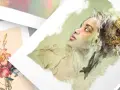 Portret kobiety i bukiet kwiatów, różne rodzaje papieru i technika malarska.