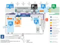 Schemat lotniska we Wrocławiu: parkingi P, VIP, A, D, C, G, strefa Kiss & Fly, taxi, terminal pasażerski, drogi dojazdowe.