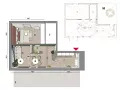 Progetto casa 50 mq: planimetria con arredi, zona giorno, notte e schema tecnico.