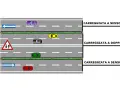 Illustrazione di art. 3 cds: carreggiate a senso unico e doppio senso con segnaletica e auto.