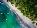 Widok z lotu ptaka na tropikalną plażę z palmami, turkusową wodą i łodziami.