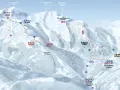 Carte des pistes de ski du massif du Beaufortain, avec les noms des sommets et des tracés de différentes couleurs.
