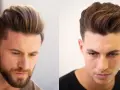 Dwóch mężczyzn z modną fryzurą quiff. Włosy zaczesane do góry, z objętością na przodzie.
