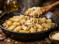 Cosses de blettes gratinées au fromage fondant, servies dans une poêle en fonte, avec de l'ail et du parmesan à proximité.