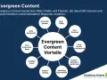 Mindmap zeigt Vorteile von Evergreen Content: mehr Traffic, gute Rankings, hohe Reichweite, Autoritätsgewinn, Nutzerzufriedenheit, Kundenbindung, nachhaltig & kosteneffizient.