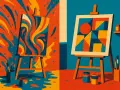 Dwie sztalugi z obrazami: jeden z płynnymi, falistymi kształtami, drugi z geometryczną kompozycją. Otwarta i zamknięta forma artystycznej ekspresji.