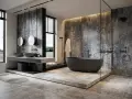 Łazienka w stylu wabi sabi z kamiennymi płytkami, czarną wanną i dwoma umywalkami. Surowe tekstury i naturalne materiały tworzą spokojną atmosferę.