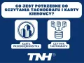 Grafika informuje o potrzebnych elementach do sczytywania karty kierowcy i tachografu: karta przedsiębiorstwa i czytnik tachografu.