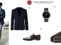 Modny facet po 40. prezentuje elegancki styl: granatowa marynarka, szare spodnie, biała koszula, brązowe buty i pasek, czarny zegarek.