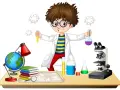 Chłopiec w fartuchu laboratoryjnym z dumą prezentuje swoje **eksperymenty chemiczne dla dzieci**. Na stole stoją probówki, mikroskop i globus.