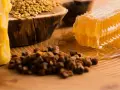 Propolis, pollen, et rayon de miel sur fond de bois. Découvrez les nombreux propolis bienfaits pour la santé.