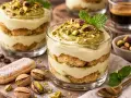 Schichtdessert mit Mascarpone-Creme, Löffelbiskuits und Pistazien, garniert mit Minze. Ein köstliches Mascarpone-Dessert.