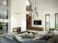 Nowoczesny salon z kominkiem i marmurową ścianą. Wygodna sofa i stolik kawowy tworzą przytulną przestrzeń. Projekt homekoncept 13 energo.