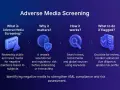 Adverse media screening for AML compliance: review news for negative mentions, identify reputational risk, search global sources, and escalate flagged subjects for enhanced due diligence.