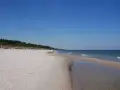 Piękna plaża w Karwieńskich Błotach. Jasny piasek, spokojne morze i las w tle. Idealne miejsce na spacer.