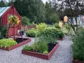 Vacker trädgård med odlingslådor i trä. Här finns odla i pallkrage tips med sallad, lök och örter. Röda växthus och lyktor i träd.