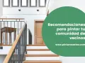 Escaleras modernas y puerta de madera. Texto verde: "Recomendaciones para pintar tu comunidad de vecinos".