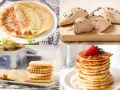Collage de postres sin gluten: crepes, panecillos, galletas y tortitas con fresa.