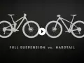 Silhouettes of a full suspension bike and a hardtail bike side-by-side, illustrating the difference between hard tail vs soft tail mountain bikes.