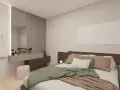 Camera da letto con idee originali: letto accogliente, specchio a parete, toeletta con cosmetici e appendiabiti.