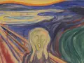 Le Cri d'Edvard Munch : une figure déformée hurle sur un paysage tourbillonnant, le ciel embrasé par un soleil rougeoyant.