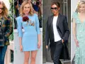 Mujeres con looks smart casual verano: abrigo cuadros, vestido azul floral, traje negro y vestido de gala.