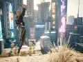 Una mujer salta en Night City, un escenario perfecto para tu cyberpunk 2077 guia.