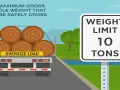 Ciężarówka z drewnem ma znak "Oversize Load". Obok znak drogowy: "Weight Limit 10 Tons". Maksymalna masa całkowita pojazdu to 10 ton.