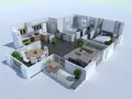 Un progetto di casa moderna con cucina, soggiorno, camera da letto e bagno, ideato con intelligenza artificiale per arredare casa.