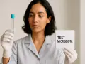 Donna con guanti tiene provetta e cartello "TEST MICROBIOTA".