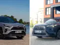 Dwa SUV-y Toyoty: srebrny RAV4 GR Sport i nowa Corolla Cross w kolorze granatowym, prezentują się obok siebie.