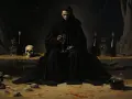 Mroczna postać w czarnej szacie trzyma pusty kielich, otoczona czaszkami i butelkami. Symbolika 5 kielichów tarot w mrocznym klimacie.