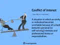 Two people on a seesaw pull a bag of money, illustrating conflict of interest policy examples.