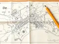 Mapa zasadnicza działki przedstawia szczegółowy plan miasta z budynkami, drogami i rzeką. Obok leży żółty ołówek.