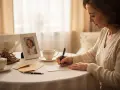 Matka pisze list do dorosłego syna, patrząc na zdjęcie małej dziewczynki.