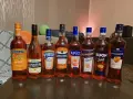 Rząd pomarańczowych butelek aperitifów, w tym Campari i Aperol, gotowych na wieczór.