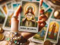 Mano sostiene carta "Reina de Oros", que significa la reina de oros en el tarot, rodeada de otras cartas y adornos dorados.
