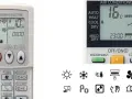 Mandos a distancia de aire acondicionado con varios símbolos. El mando de Mitsubishi muestra la temperatura y la hora. El otro mando muestra modos como AUTO, HEAT, COOL, DRY. Debajo, hay una fila de iconos que representan funciones del aire acondicionado.
