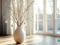 Eine Bodenvase mit Zweigen und kleinen Kugeln, die wie zarte Blüten aussehen. Ein schönes Beispiel, wie man eine Bodenvase dekorieren kann.