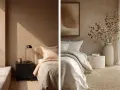 Un acogedor dormitorio en tonos tierra, con camas vestidas y detalles decorativos que invitan a la calma.